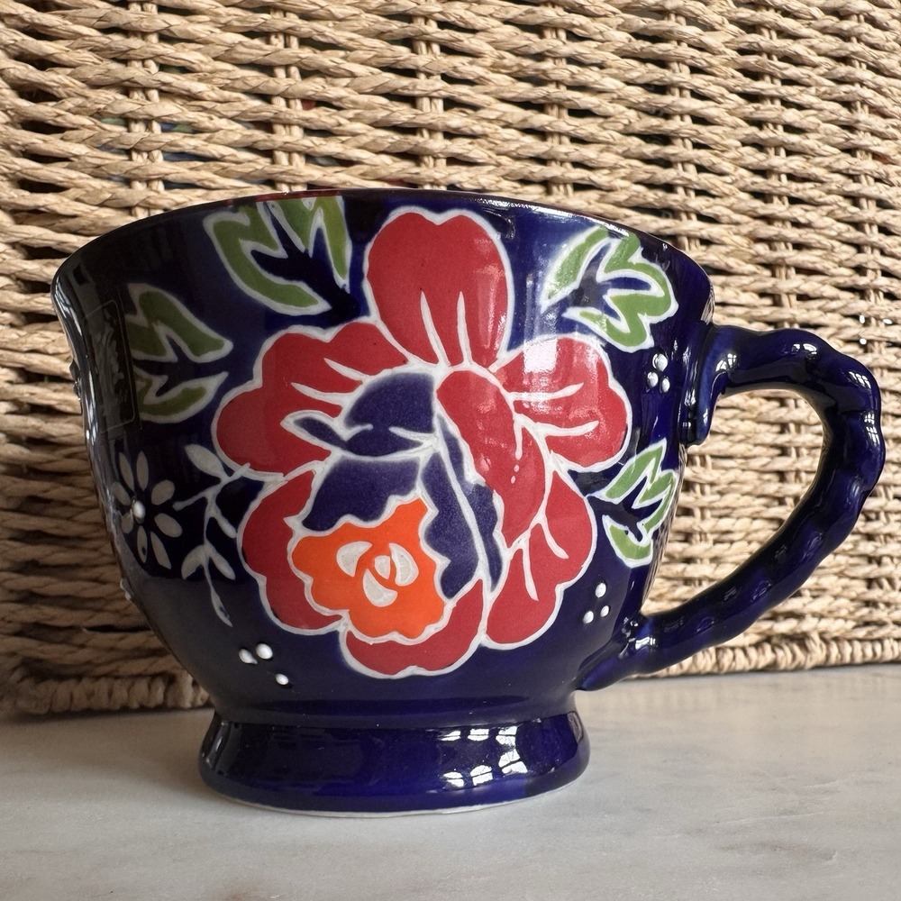Yokohama Studio Cobolt Blue Hand Painted  Floral Raised Dots Coffee Mug